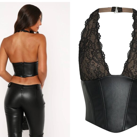 WHITEFOX BOUTIQUE Dreams And Delights PU Leather Lace Crop Top Black - Medium - Picture 4 of 10